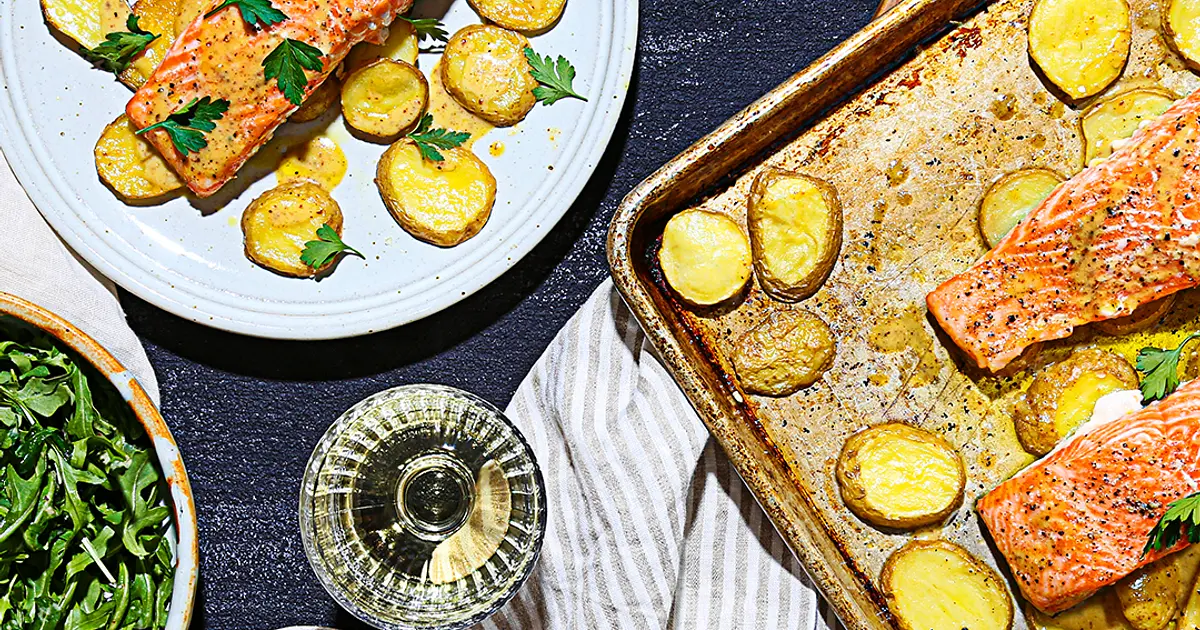Bobby Flay's Sheet Pan Salmon with Roasted Potatoes and Creamy Meyer Lemon Dressing Recipe | Samsung