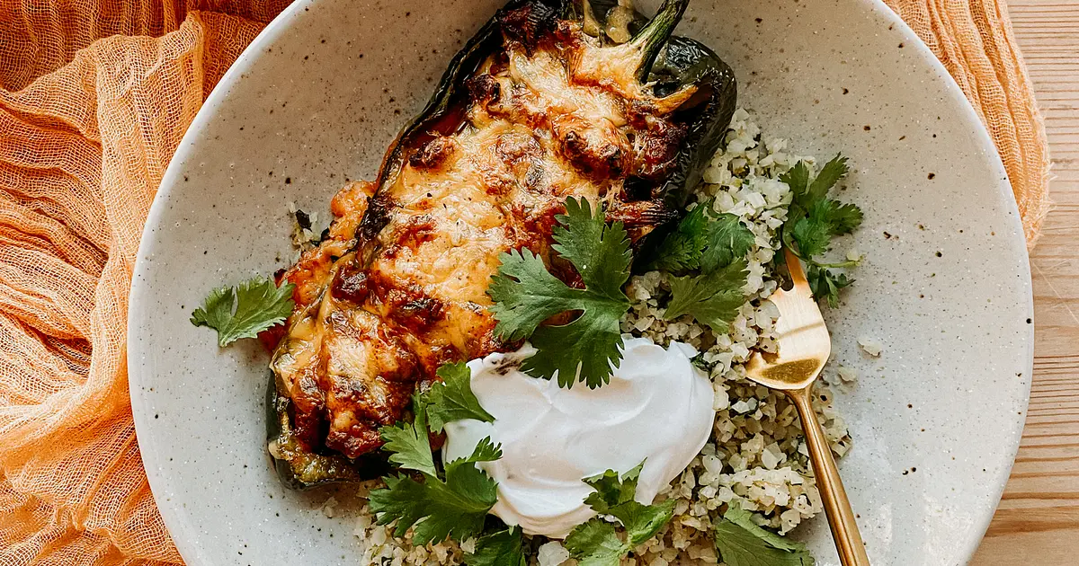 Stuffed Poblano Peppers with Cilantro Lime Cauliflower Rice Recipe | Samsung Food App