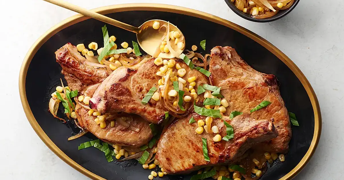 Whiskey Butter Pork Chops with Corn Recipe | Samsung Food App