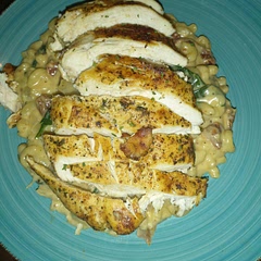 my husband is a picky ester bit loved this all except the sundried tomatoes. however I loved everything about this dish. my toddler however would only take one bite of the Mac but ate the chicken. 
plenty of leftovers!