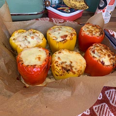 IT took like 1 hour but it is tasty but I flowed the instructions but ended up with more than 5 times the filling that I could fit in the bel peppers