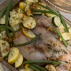 This was an AMAZING, delicious, easy to make recipe. I added paprika as well  as went heavy on the spices- sooooo good. The photo is pre bake. Note: my bake was a bit longer- 18 minutes total.