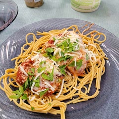 served over veggie pasta with side salad