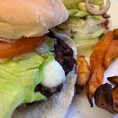 Great starter burger made a avocado slaw and sweet potato chips