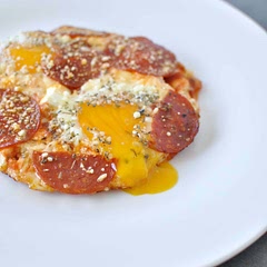 The tiny egg pan is really important for this to stay together and look like a personal pan pizza. I cut my pepperoni slices so I can take smaller bites and make it last longer.