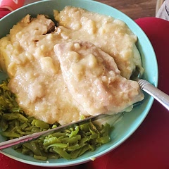 put on top of mashed potatoes served with green beans. it was very easy to make and very good