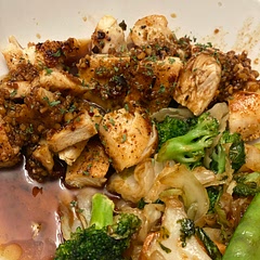 I made mine, with a side of vegetable mix. 

After it was cooked I sliced it and then topped the chicken and veggies with the sauce. Soooooo good!