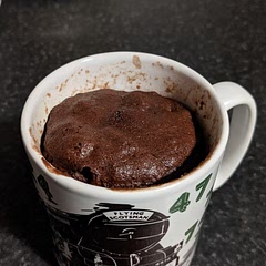 I halve the amounts to fit in a standard sized mug and only use 1tbsp of oil, then it's spot on.