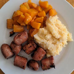 Skip all that maple syrup and brown sugar and you'll see why they named it butternut squash. Served here with Asiago sausage and mashed potatoes.