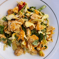 Flavor packed, easy to make salad! To make it even healthier, I used natural unsweetened peanut butter, halved the sesame oil and didn't add sugar.