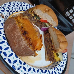 This was very easy! I subbed the shredded carrot for finely chopped broccoli, liquid amino instead of soy sauce, and added more seasoning. Served with a sweet potato and topped with lettuce, tomato, pickle, red onion, vegan medium cheddar cheese slice, mustard and ketchup on a gluten free bun.