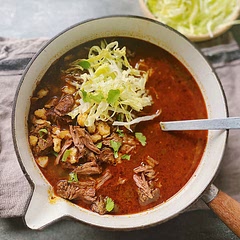 Tip: You can prepare this Pozole recipe with pork shoulder, chicken or mushrooms (for a vegan option). Make sure your stock is well seasoned , it's all about that tasty chilli broth.  Susy V / Luchito Head Chef