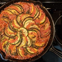 Used the recipe as a guide but cooked to taste. Never made ratatouille before this, but would definitely make it like this again! Thin slices + a cast iron skillet is the way to go :^) Healthy, hearty, and satisfying!
