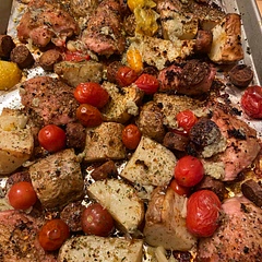 I added tomatoes and Peri Peri spice and salt. I made the mistake of using cured chorizo instead of a raw chorizo sausage. I put a whole garlic bulb and roasted it ( then crushed it with Olivia oil and drizzled it on)