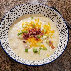 Finish the potatoes before starting the soup. Add chicken broth before half and half.