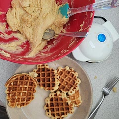 Very disappointing recipe. The batter was incredibly thick and goopy. It was also way too sweet, like an ice cream cone waffle. The outside texture was delicious and crisp but the inside didn't seem to fully cook.