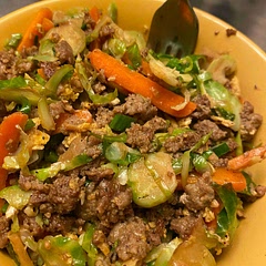 I added a little sesame oil and black pepper. It was delicious. Oh I forgot to add that I applied all of the seasonings to the meat as it was cooking. Before I added the cabbage.