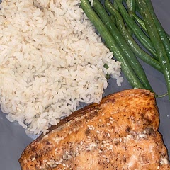 Salmon turned out A+++ but the green bean fries did not do so well. So I just made buttered green beans instead with a side of white rice!