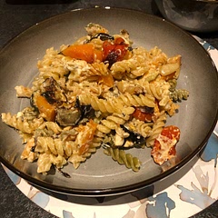 Really yummy! Roasted red onion, aubergine, courgette and cherry tomatoes alongside the squash and half a dozen whole garlic cloves. Also added a good sprinkle of Italian herbs as didn’t have sage!