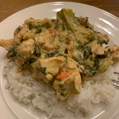 Very good! An easy version of chicken and rice. I did add some chicken broth as suggested and it was thinned enough to eat over rice. I think it would also be good over bow tie pasta or cauliflower rice.