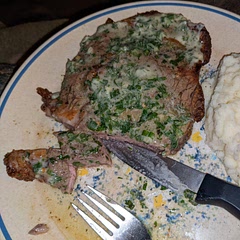 Was really unsure about the butter, really hard to mash together. But....I tweaked it, added salt, garlic powder (didn't have enough fresh), and pepper. It turned out really great. Next time I'll just use salted butter. Also the steaks came out really good. I was surprised cuz they looked kinda odd but they were really good. Is suggest cooking the steaks for 7 mins, if you like them pink in the middle.