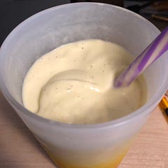 Really liked this one. Nice and creamy. The line makes it refreshing. We used frozen mangoes and bananas, so we needed a little coconut water to thin it out.