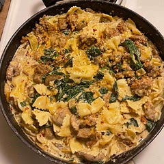 I tried this and it was absolutely delicious I added Italian sausage to it tho bc I wanted it to have some sort of meat into it, I did hot sausage next time I might try sweet, added more cream and just did chicken broth bc that’s what I had, and a lot more seasonings like garlic and herb along with the Italian definitely loved it, red pepper flakes is a nice touch will warn people a little goes a long way, I made mine pretty spicy but that’s how I like it. Definitely feel like the recipe is kind of extra probably could’ve just sautéed the onion spinach and mushroom together there wasn’t a point to do it all together probably could’ve cut down the time by doing it like that but that’s just me.