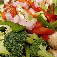 I added way more vegetables and doubled the sauce. Next time I'd peel the ham to avoid the chewyness.