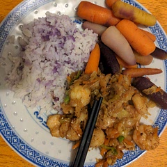 Delicious! Shown here with jasmine rice colored by the multicolored carrots steamed above.