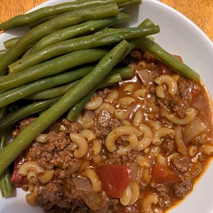 Comfort food. This recipe is pretty much as I remember it (except I never knew a mother in the Midwest in the 50s or 60s that started goulash with olive oil).