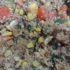 I started following this recipe and I ended up adding some stuff that needed using in my fridge, including tomatoes, mango, pepper and some courgette, substituting the frozen vegetables. The sauces worked together beautifully and it was nice. The recipe does not mention when to add the ginger so I just added it with the garlic. I also cooked the quinoa with a vegetable broth cube for some extra flavour. Overall, liked it!