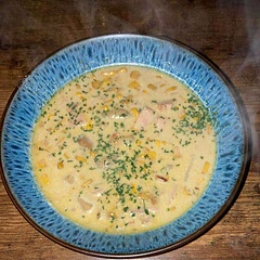 I made it using leftovers from a ham joint. I used dried thyme as didn’t have fresh & parsley instead of dill.