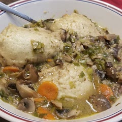 Halved the recipe but added  4 oz. of baby bella's.
Add thyme leaves to the dumplings next time.