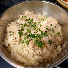 I added an onion per someone's recommendation. If you use basmati reduce the amount of water or increase the amount of rice. I also cut the breasts to make 4 servings.