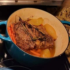 So delicious & tender!! Literally cut with a butter knife! Only thing I would recommend is add salt & pepper to the liquid when deglazing the pan & add a bit of browning liquid like kitchen bouquet.