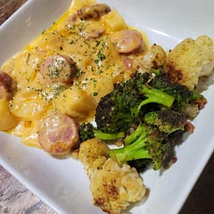 Very good comfort food. I seared the kielbasa before putting in crockpot.  I diced fresh potatoes and cooked on high for 3.5 hours. Served with French bread and sauteed veggies.