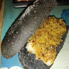 Super Delicious in a baguette (in this case black sesame), but will also work just fine with rice, potatoes/potato mash.