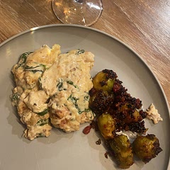 Made it without tomatoes so I think it was lacking a little. Ended up adding red pepper for a little spice! Made with honey bacon Brussels! So delicious. 

Kids didn’t love either 😂