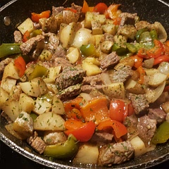 This went over well with the family. To reduce the carbs and sneak in some veg, I replaced 50% of the potatoes with bell pepper and onion. I also replaced soy sauce with Gluten Free Teriyaki sauce and doubled the garlic to taste.