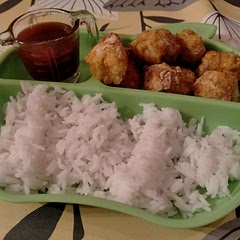 This is a really good chicken recipe. A bit messy to prepare and time consuming. However my daughter loves the chicken. So will definitely make the chicken again just not the sauce as I wasn't too keen on the sauce either. The chicken would go well with any dipping sauce.
I feel it would go well with many sides and also in wraps. We served it with white rice on this occasion.