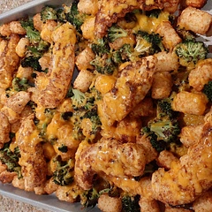 Less time was needed for the broccoli roasting and more time needed for cooking chicken. Would season tater tots next time. Go to with these adjustments.