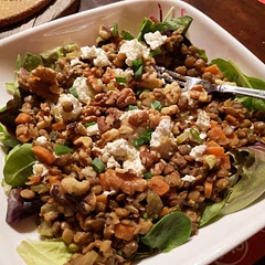 Very good, even with dried thyme and no fresh parsley! I never want salad in winter as I crave warm meals, so this was great! I cooked the lentils a touch longer, and added a bit of Splenda to the vinaigrette. I didn't mix in the spinach, just topped a bed of greens with the lentil mix, the cheese and nuts. Healthy, pretty easy, and yummy