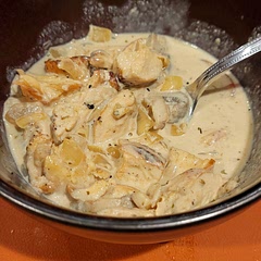 I chopped the chicken breasts up before adding them back into the sauce which made it into more of a stew. I also only used 2 cups of heavy cream instead of three and it was still moist and delicious! Added red pepper flakes at the end for some kick.