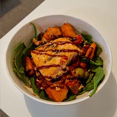Served on a bed of baby spinach to taste the rainbow.