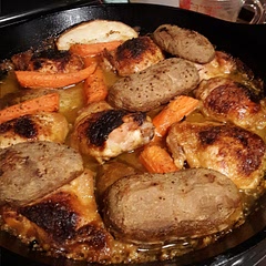 I seared the thighs in my cast iron skillet,  added the veggies and sauce and transferred it to the oven.