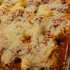 Added a layer of ground beef underneath the noodles and and Italian blend cheese on top instead of just parmesan. Super good, we ate til we were stuffed!