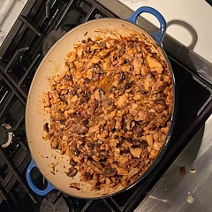 Substituted peppers for peas. It's a tasty dish