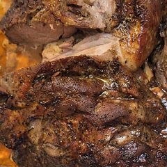 Take out fridge at 6am, in oven at 7am at 225 degrees. 3 hours covered, the rest of the time uncovered (6 hours). Approx 30 minute hit at 350 degrees for crusty finish.