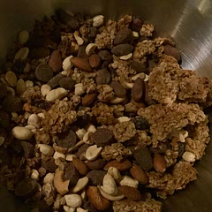 Added sugar free chocolate, cocoa dusted almonds, and just a very little bit of raisins. Delish!