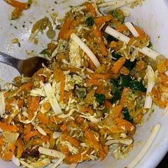 Added jalapeño and sundried tomatoes to pesto. 

Over carrot noodles, with chicken and spinach. Topped with vegan mozzarella cheese.